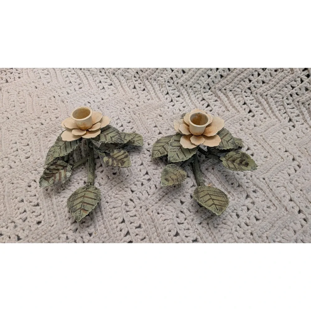 Vintage Metal Rose Floral Taper Candle Holders Pair Green Cream 9x6 Cottagecore